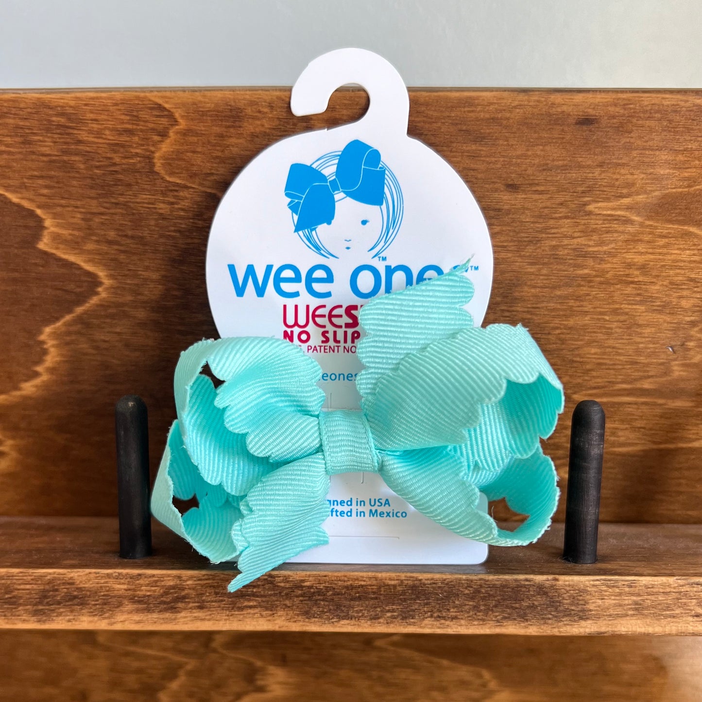 WeeOnes Mini Grosgrain Hair Bow with Scalloped Edge - New Aqua