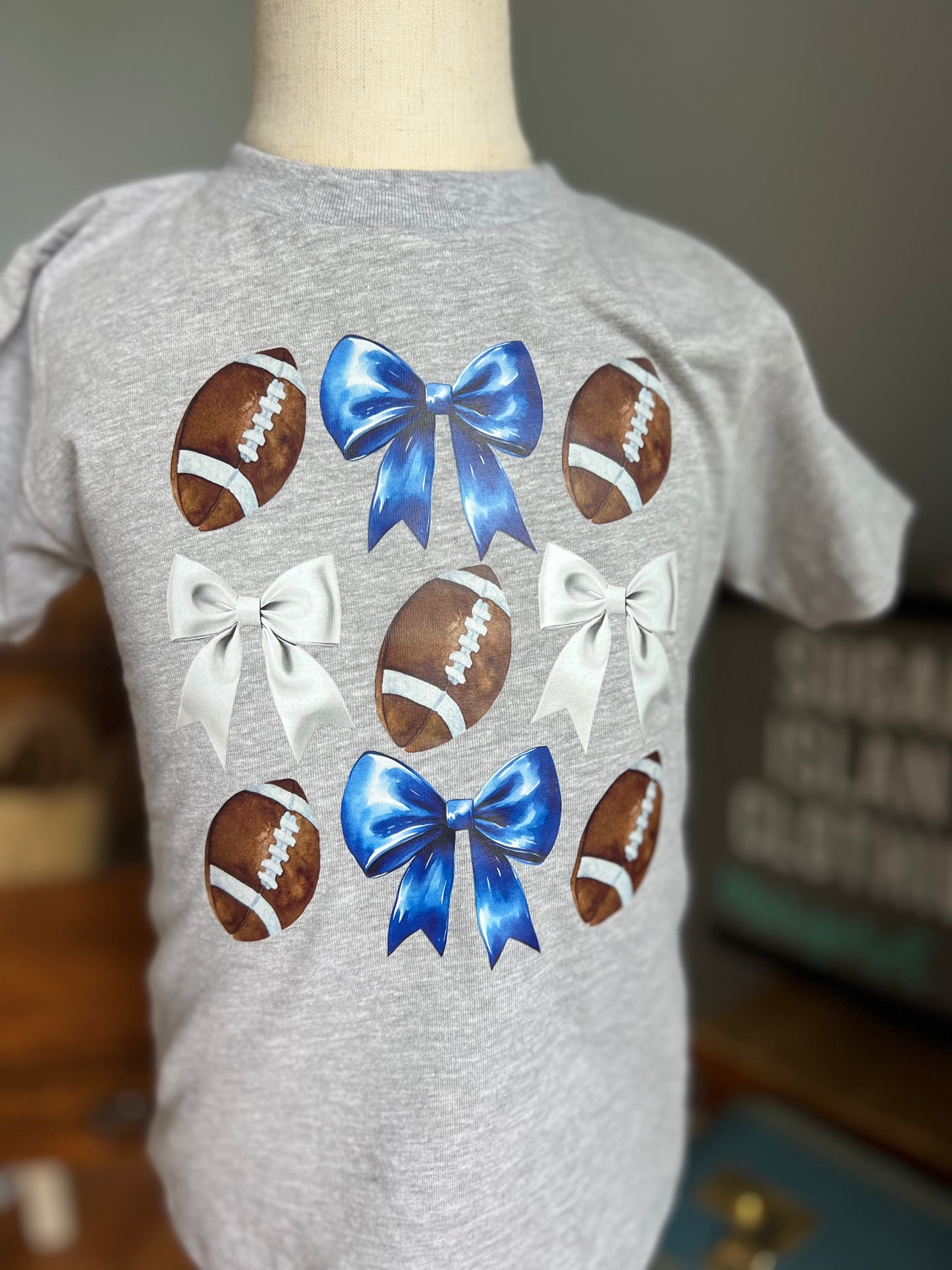 Blue & White Bow Football Tee