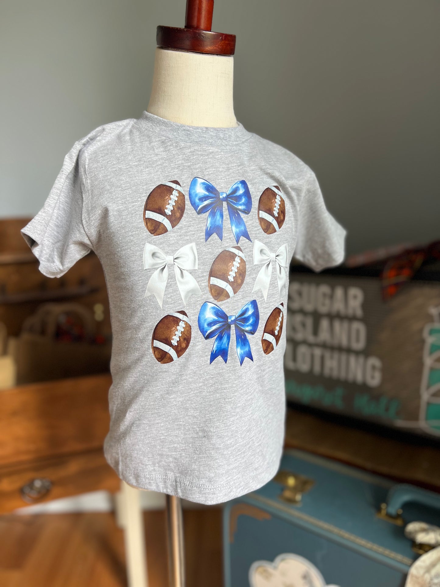 Blue & White Bow Football Tee