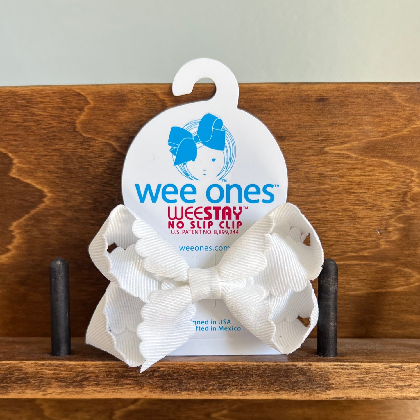 WeeOnes Mini Grosgrain Hair Bow with Scalloped Edge - White